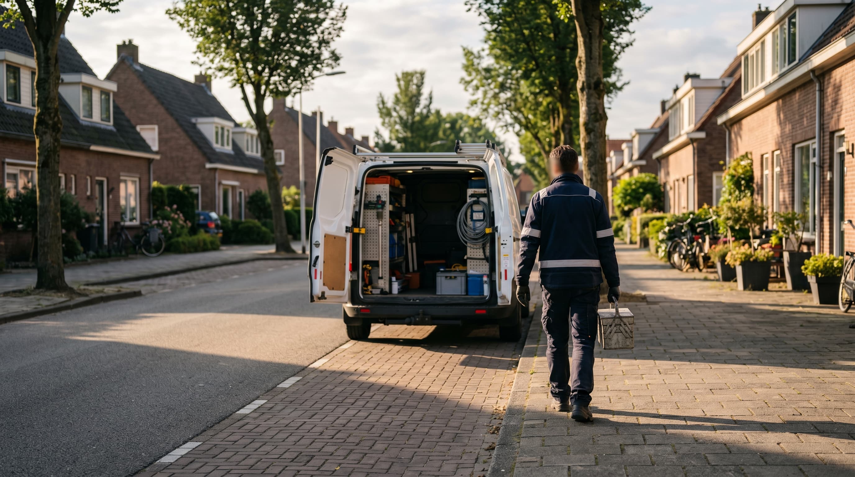 Monteur loopt naar een servicebusje met gereedschapskoffer in de ochtendzon