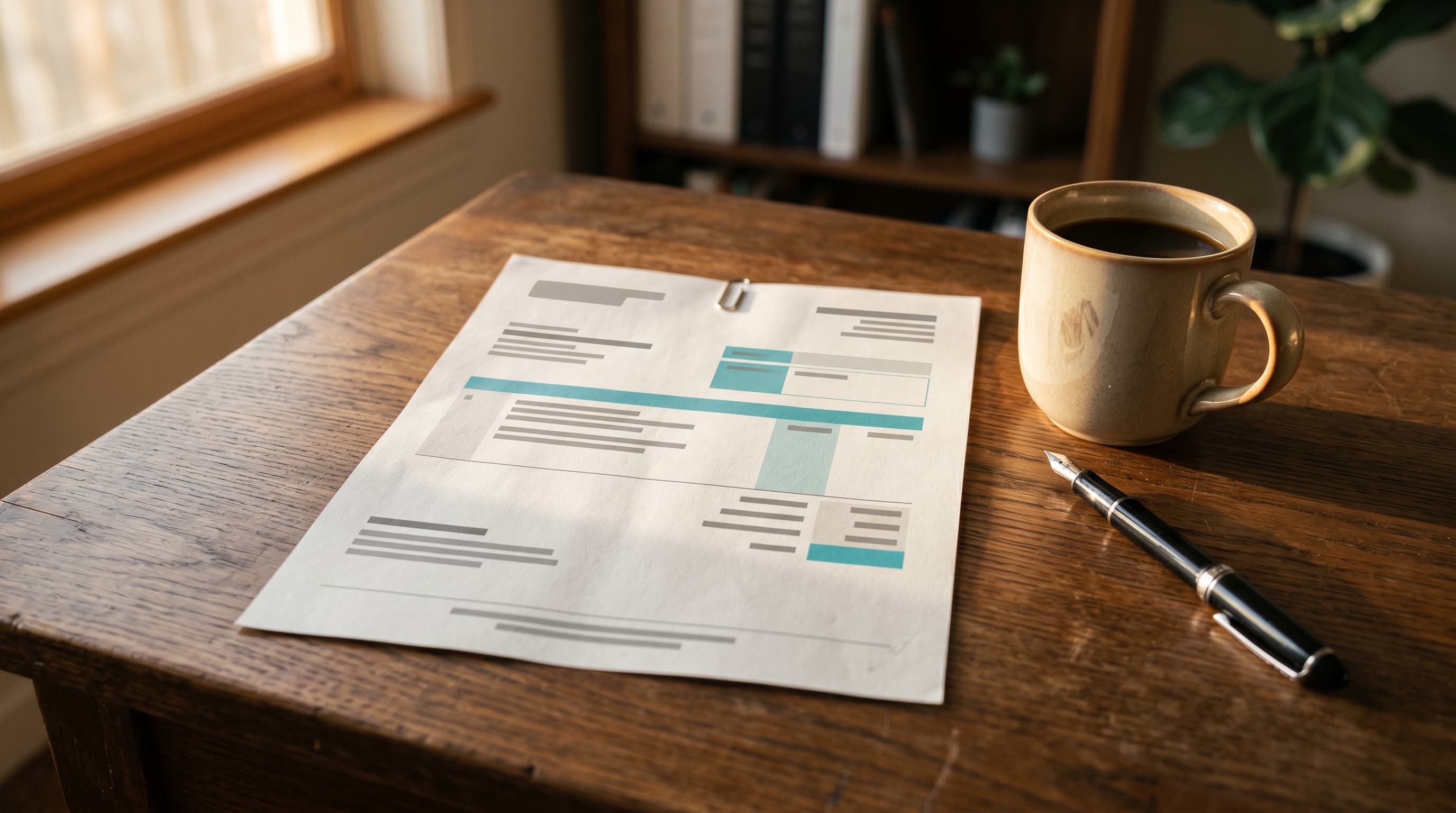 Offerte-document op een bureau naast een pen en koffiekopje in een kantoor van een installateur